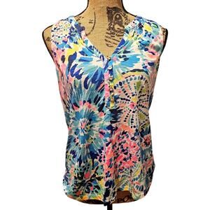 Lilly Pulitzer Essie Top , Dive In Sleeveless Blouse, Gold Buttons, V Neck, Sz S